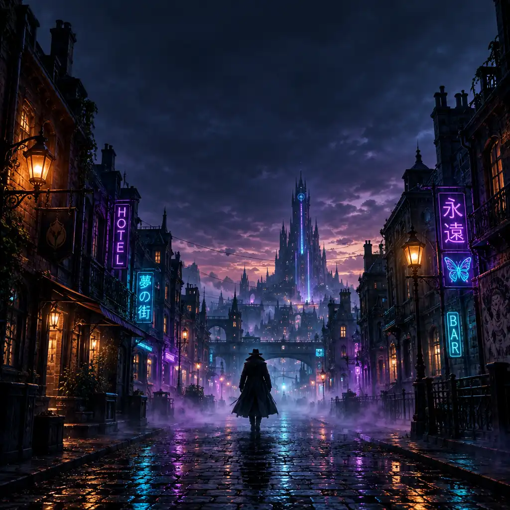 Mroczna kraina fantasy o zmierzchu z ciepłym światłem ognisk i samotnym bohaterem