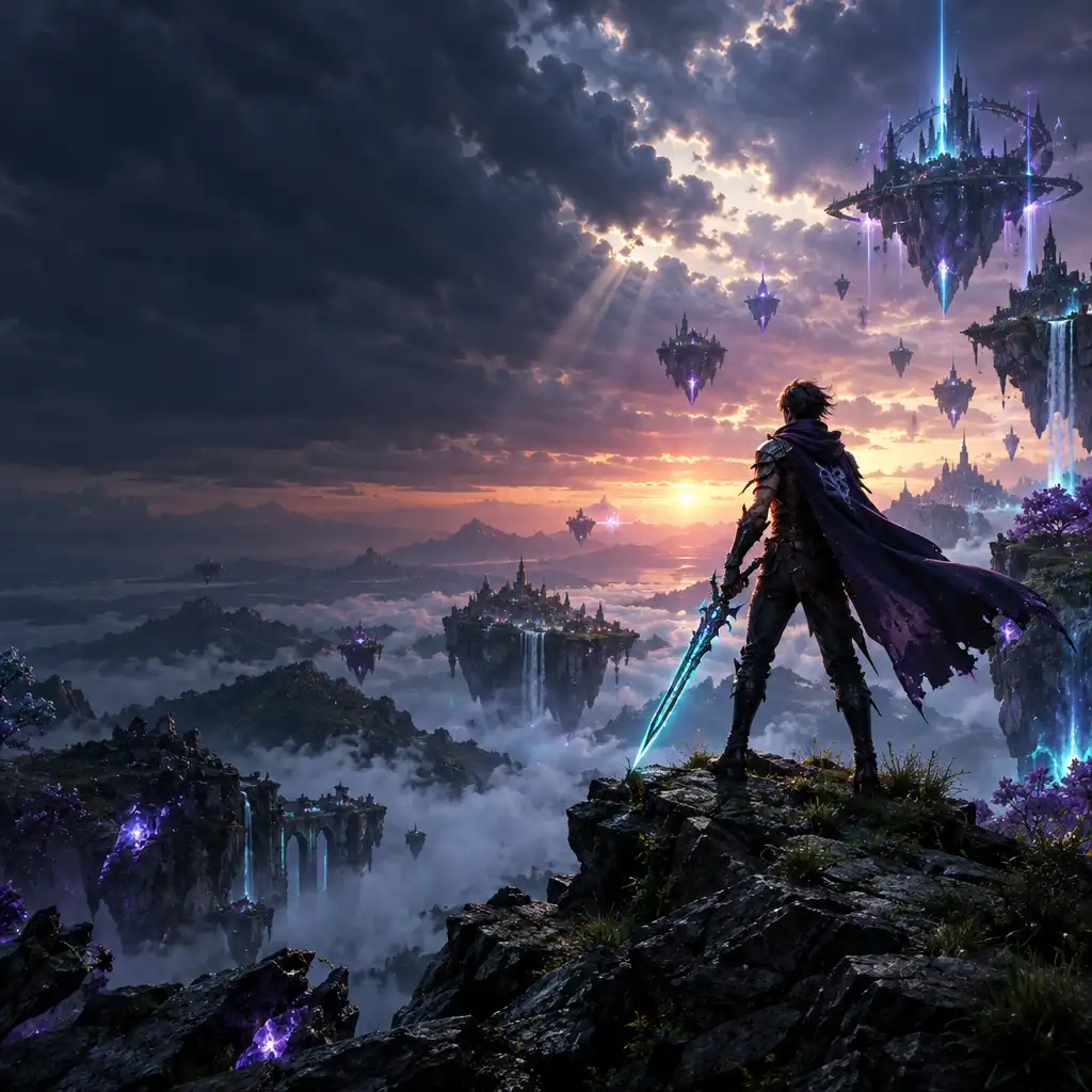 Epicka scena z gry Guild of Heroes: bohater fantasy na tle magicznego krajobrazu o zmierzchu