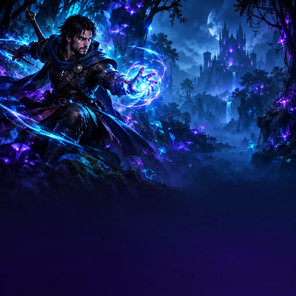 Główna grafika gry Guild of Heroes przedstawiająca bohatera fantasy w dynamicznej pozie pośród magicznego krajobrazu