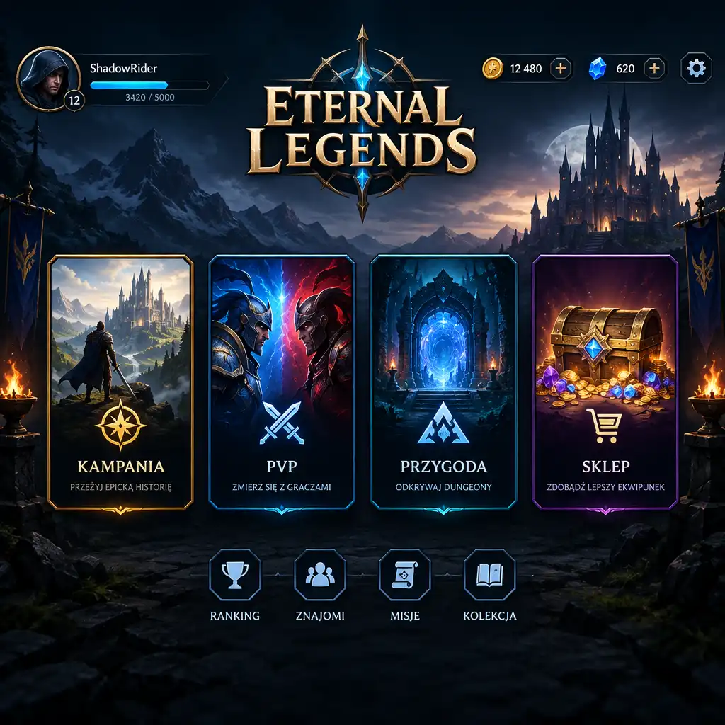 Menu główne Guild of Heroes z dużymi kafelkami opcji i tytułem