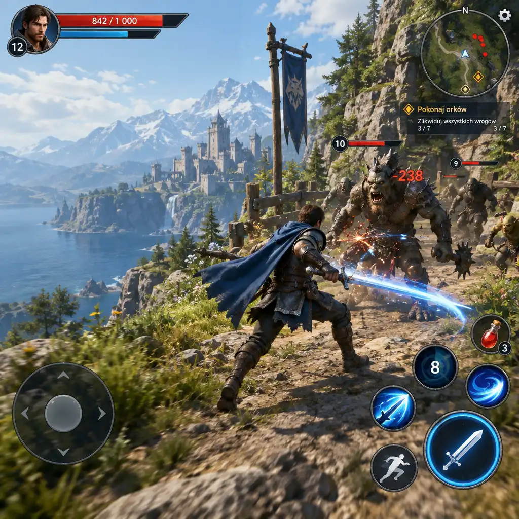 Główny ekran rozgrywki w Guild of Heroes z widocznym HUD, paskiem zdrowia i umiejętnościami