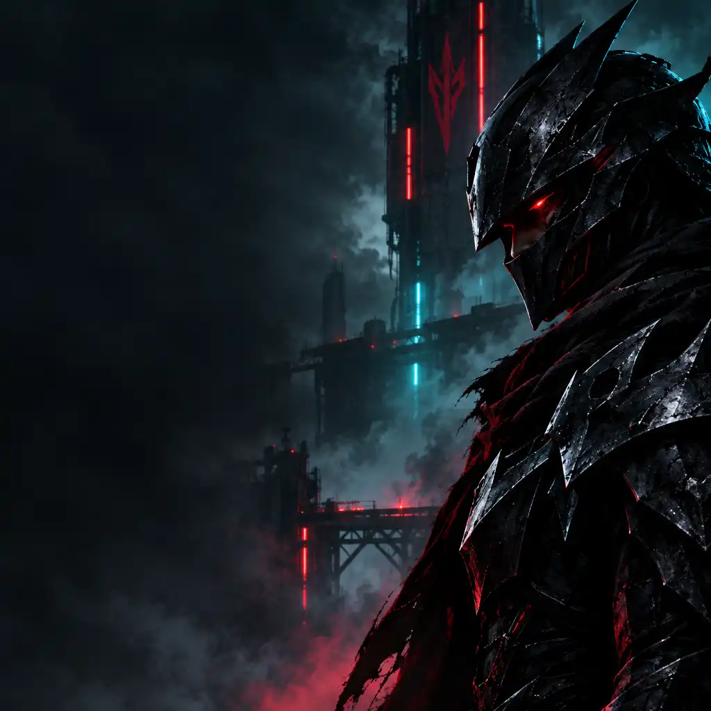 Mroczny Rycerz z Guild of Heroes w ciemnej zbroi z ostrymi krawędziami i świecącymi oczami