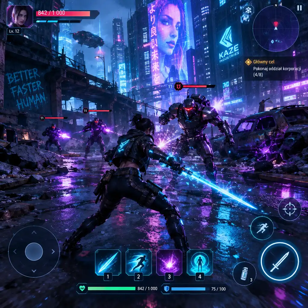 Zrzut ekranu z walki w grze Guild of Heroes, postać gracza w centrum z paskiem zdrowia i umiejętności