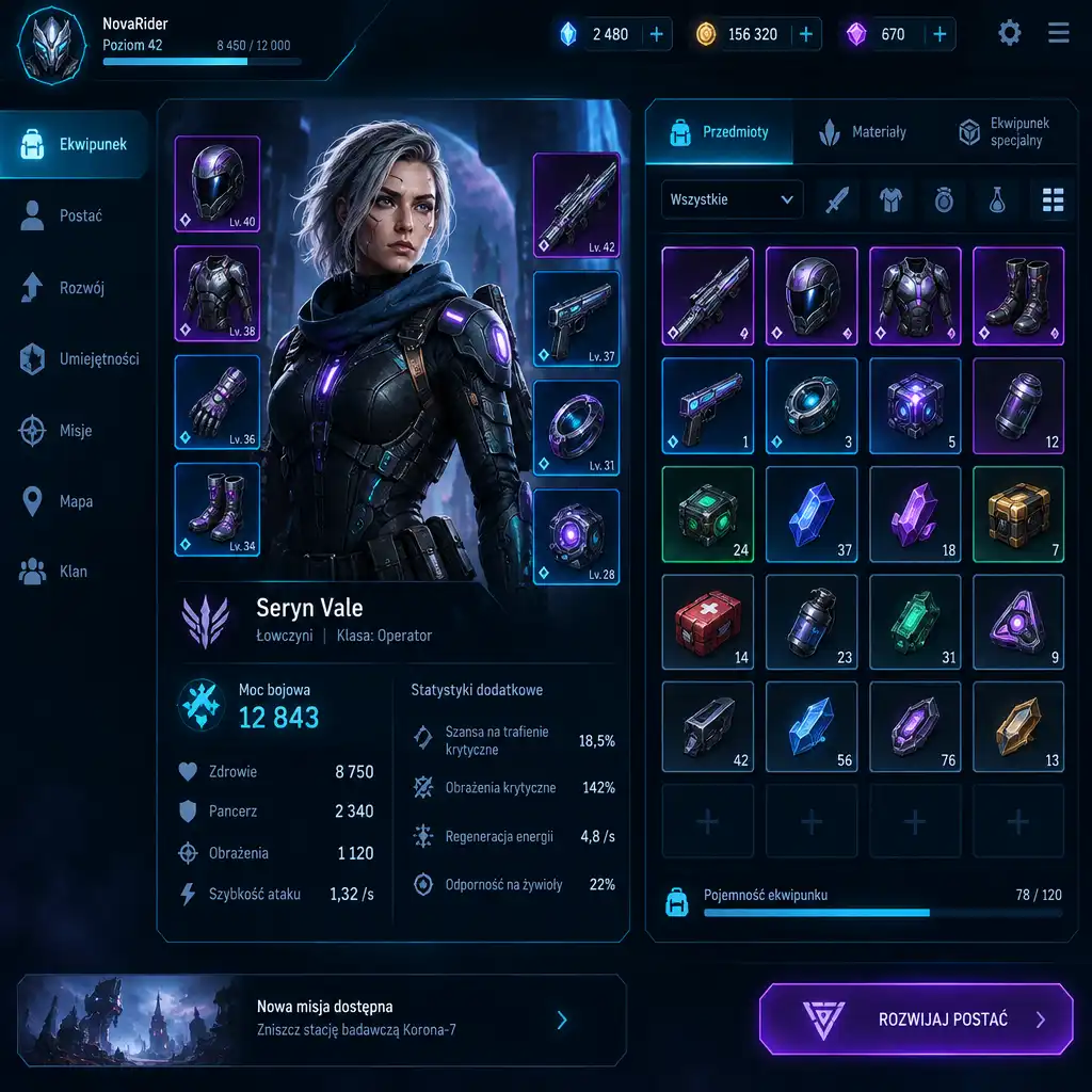 Zrzut ekranu z menu ekwipunku i rozwoju postaci w grze Guild of Heroes, siatka przedmiotów oraz statystyki