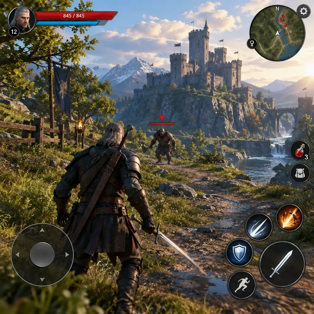 Zrzut ekranu z gry Guild of Heroes: czytelny interfejs użytkownika z paskiem zdrowia i minimapą podczas rozgrywki