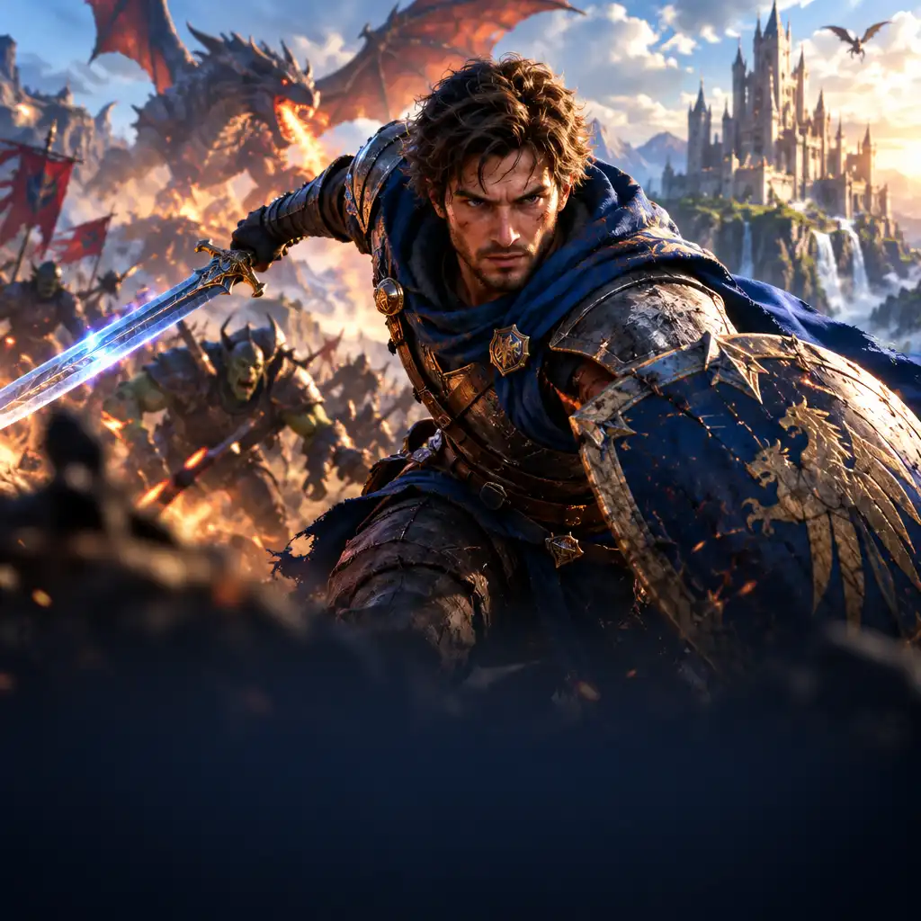 Dynamiczna scena z gry Guild of Heroes: bohater fantasy w akcji, kontrastowe oświetlenie i epicki nastrój